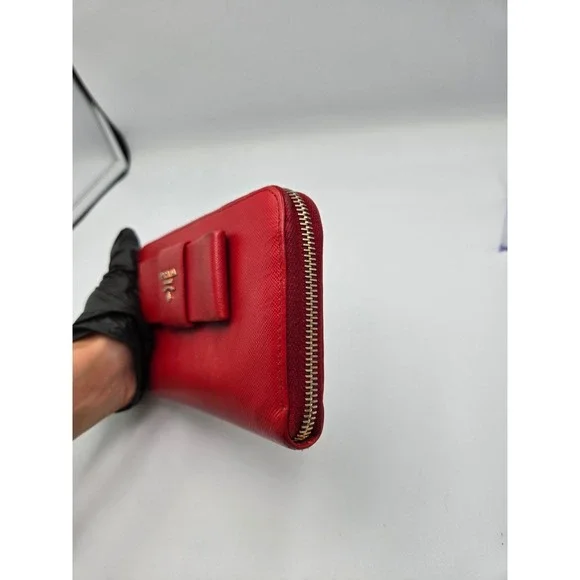 Prada Red Saffiano Leather Bow Continental‎ Zip Around Wallet Authentic - Picture 10 of 13